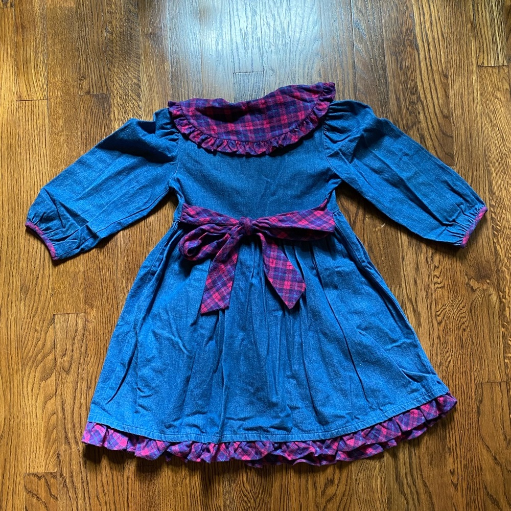 Vintage Kate Greenaway Girl’s Size 5 Denim Plaid Flannel Dress Collar USA Cotton - Picture 3 of 9